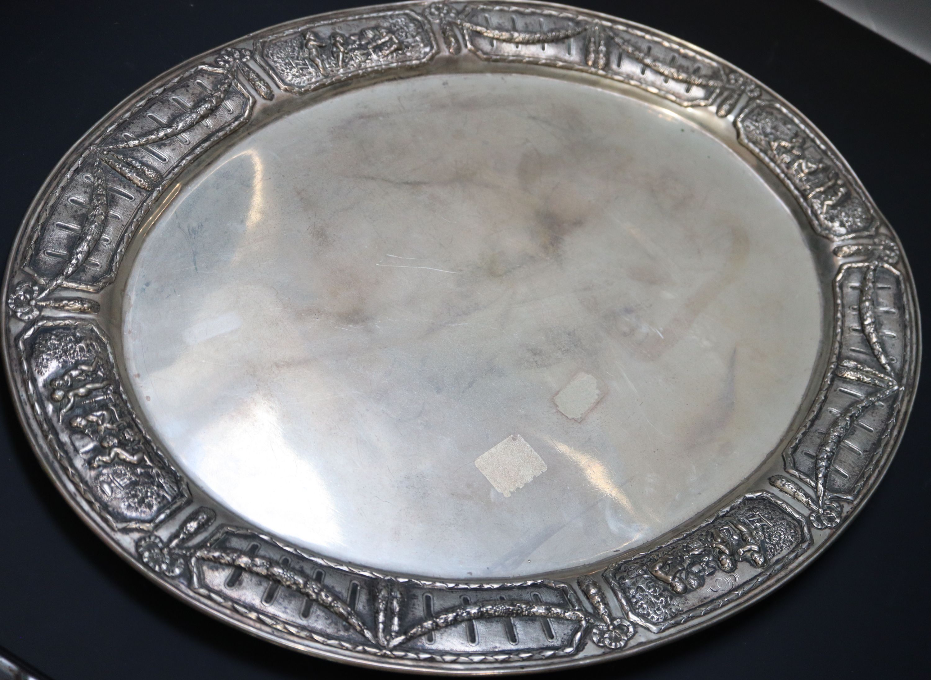 An early 20th century German 800 standard white metal oval serving platter, 52.5cm, 56oz.